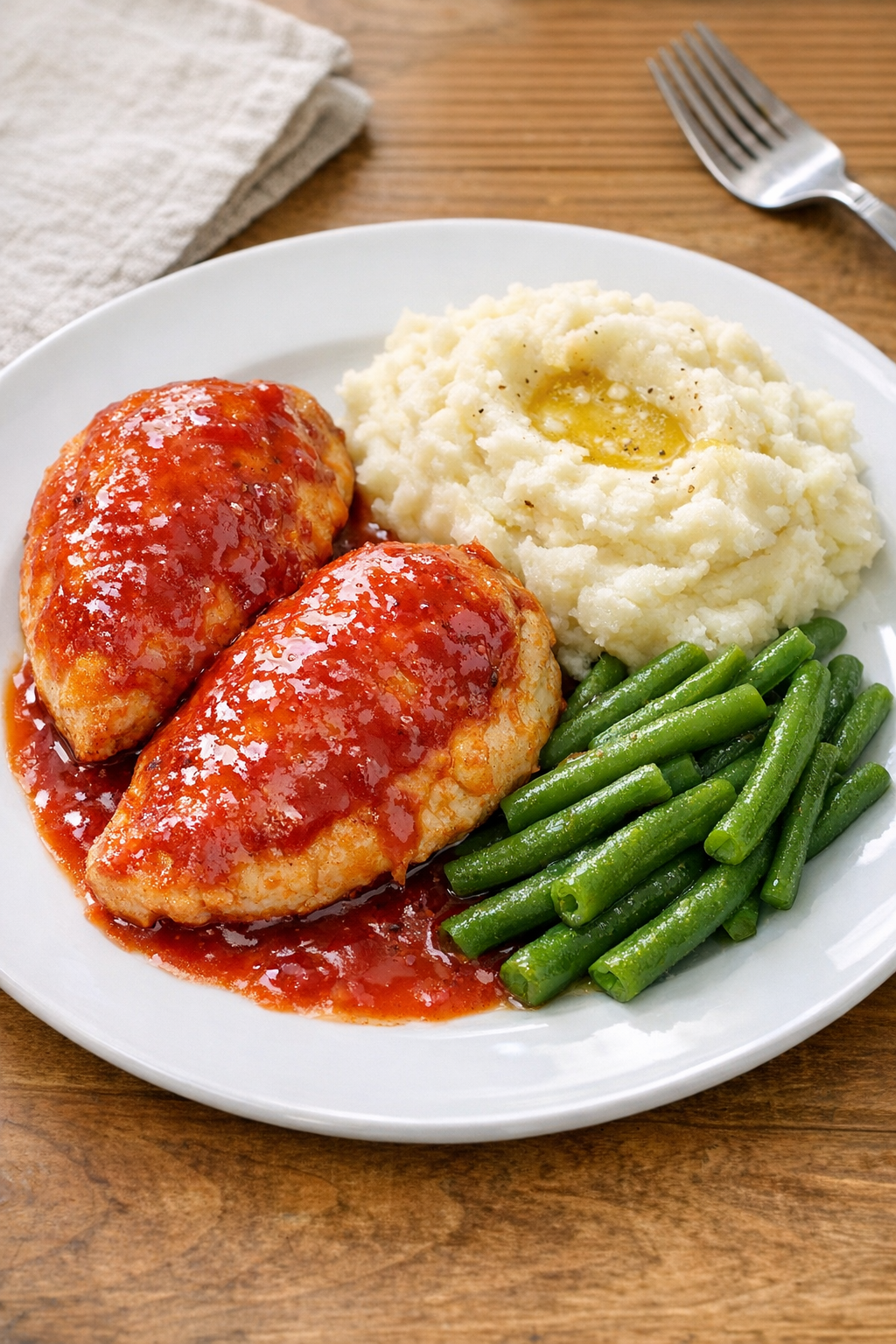 Finished baked chicken half breasts glazed with red sauce on a dinner plate