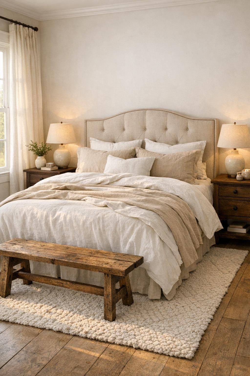 Soft neutral farmhouse bedroom with layered linen bedding and wood accents