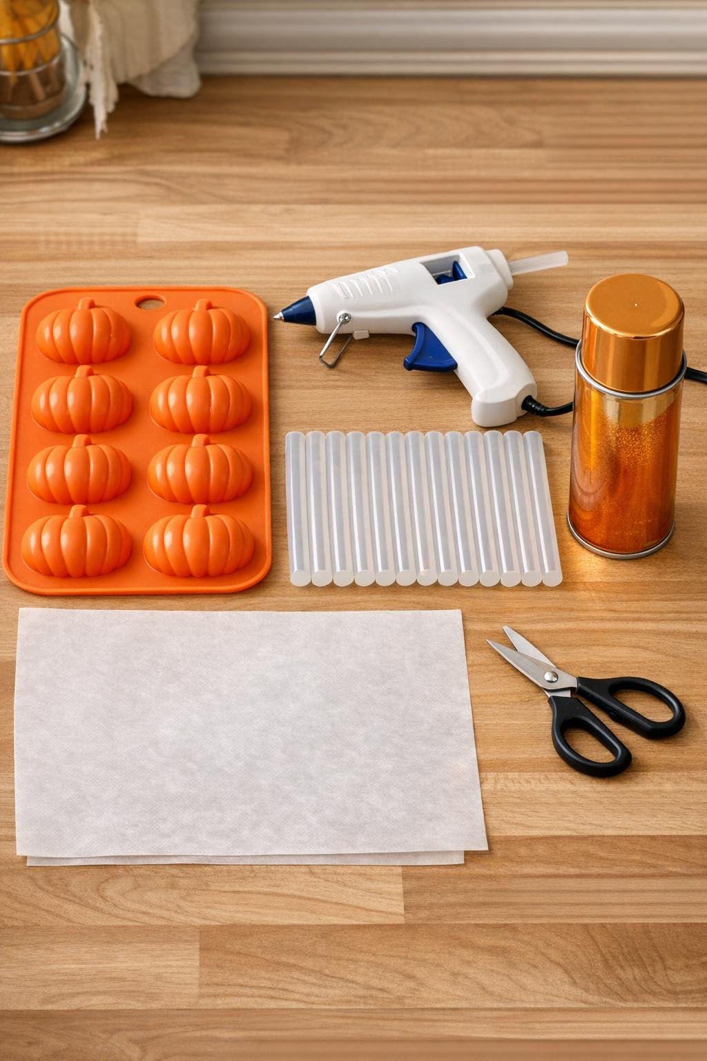 Silicone pumpkin mold, hot glue gun, glue sticks, and clear tint spray laid out on a craft table