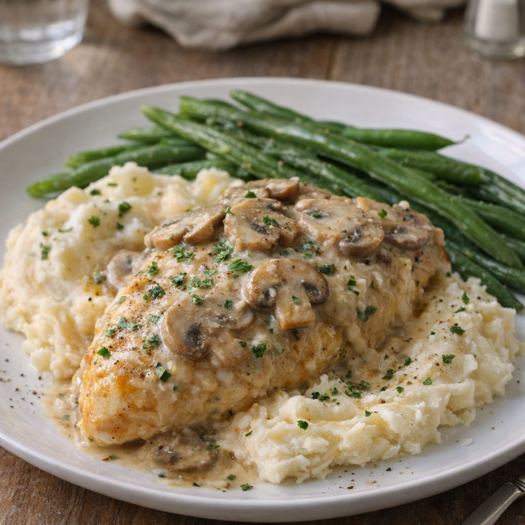 Plated chicken continental over mashed potatoes with green beans