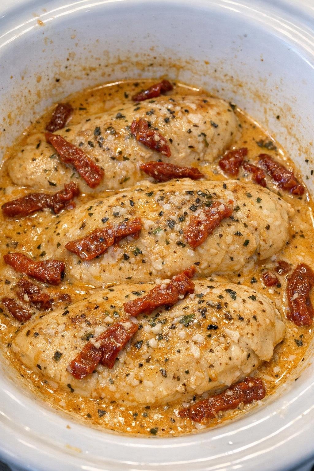 Creamy marry me chicken in a white slow cooker crock