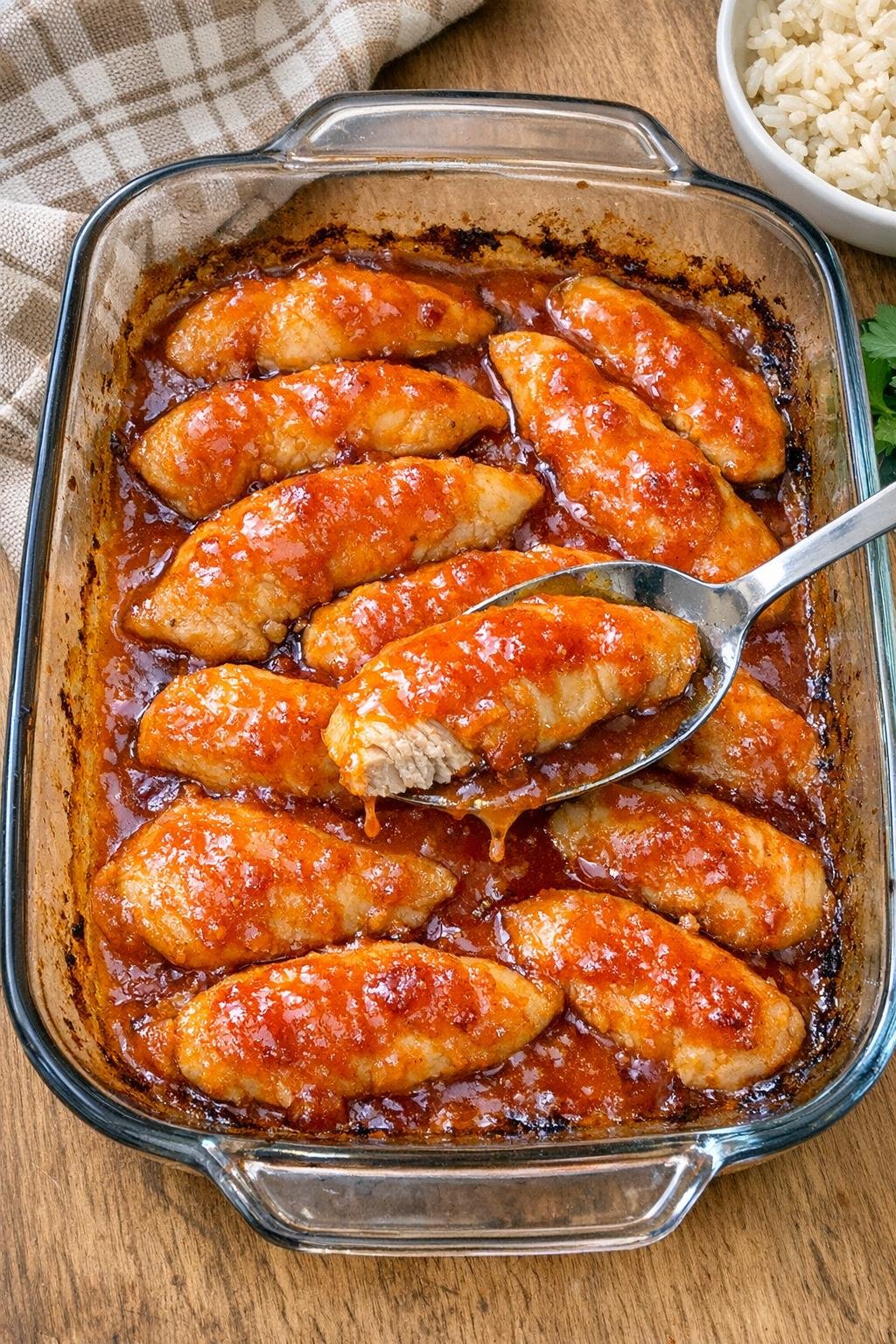 Finished baked chicken tenderloins in orange sauce