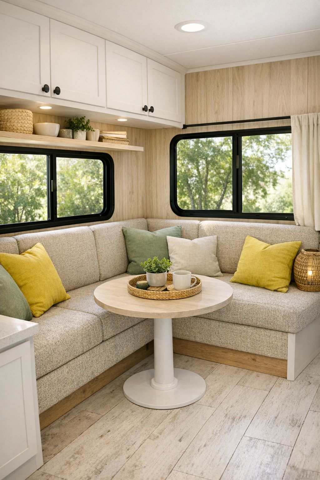 Bright RV camper living room with built-in bench seating and pale wood finishes