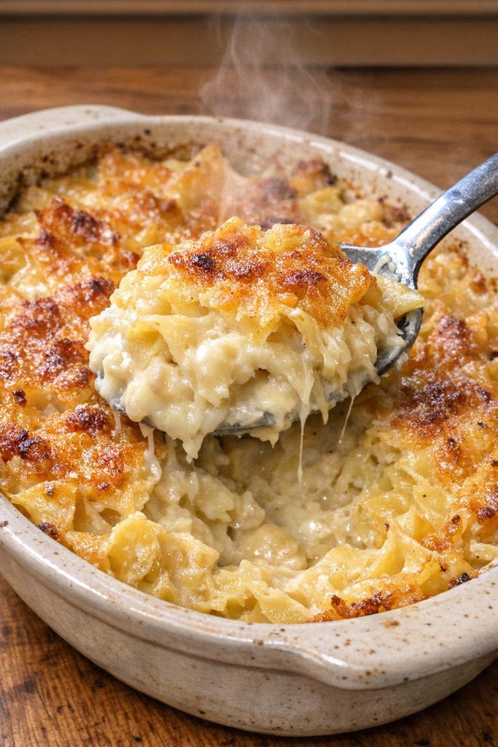 Buttery golden-crusted egg noodle bake in an oval stoneware dish