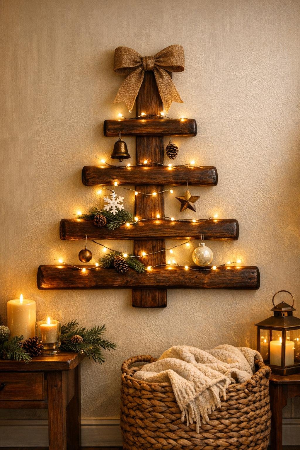 Finished ladder rung wall tree hanging as rustic holiday decor