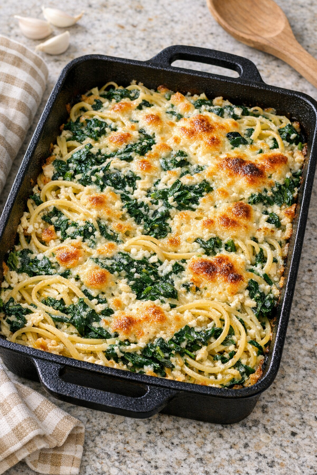 Finished spinach noodle bake in a cast iron baking dish