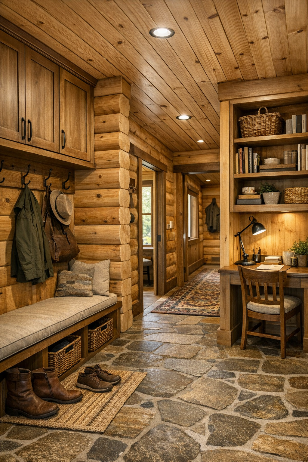 Mudroom and hall area with built-in bench, storage, and handcrafted rustic details