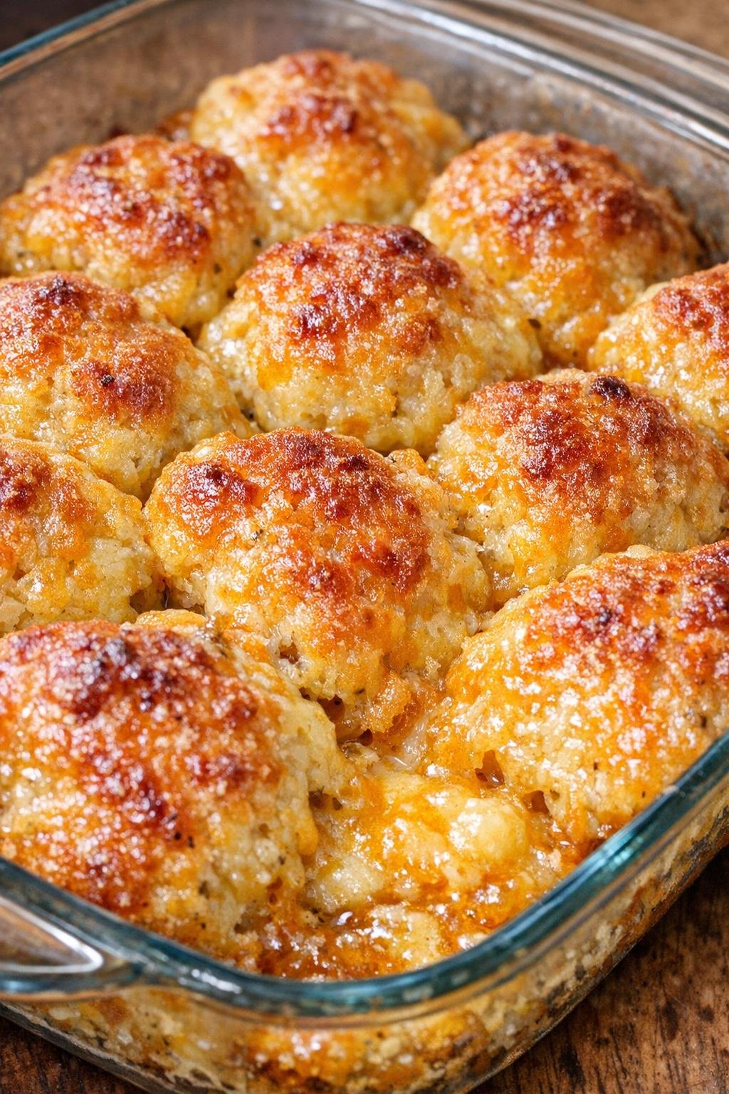 Southern 3-ingredient buttery cheddar bites in a glass casserole dish