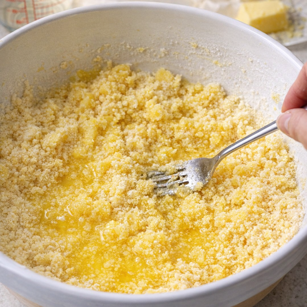 Butter mixed into dry cake mix for crumb topping