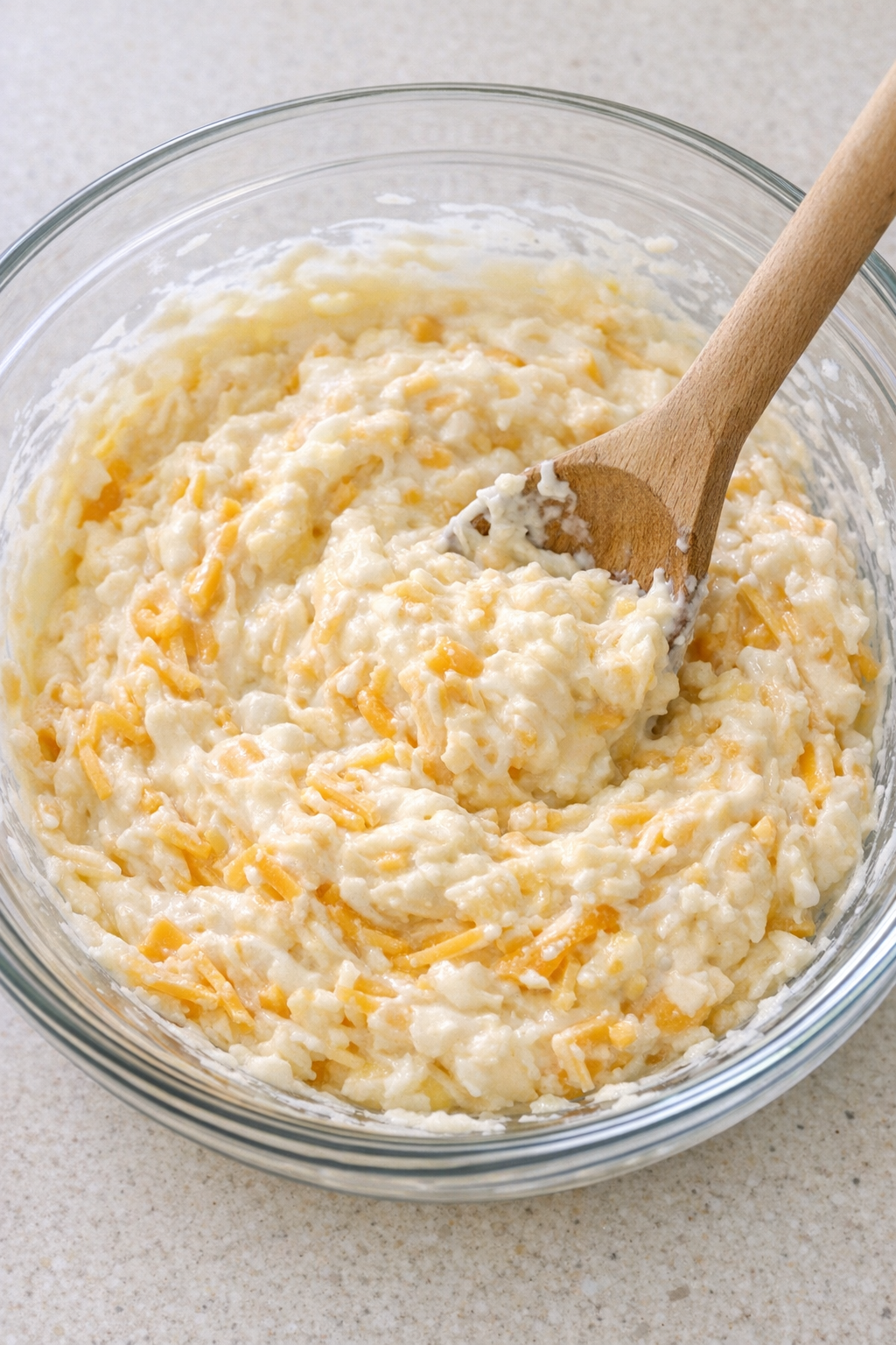Creamy cheese mixture stirred in a bowl