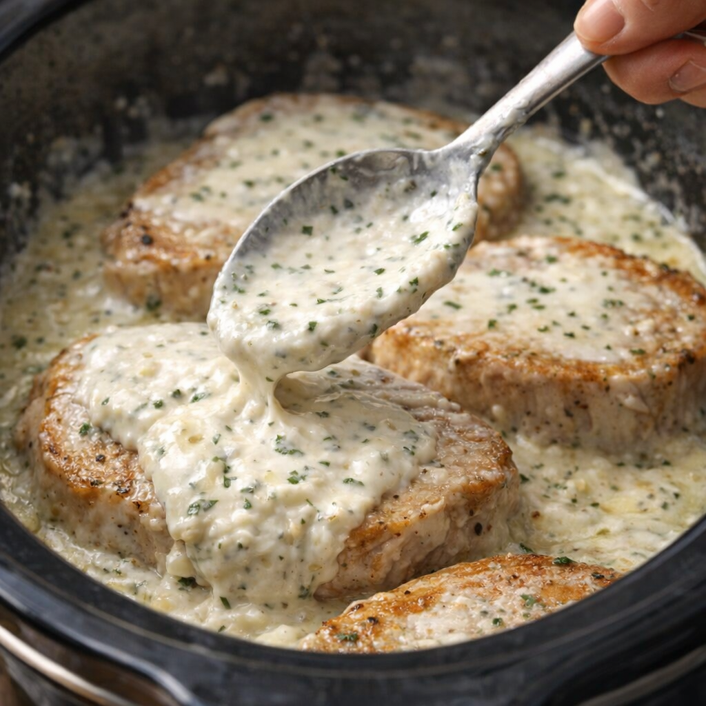Creamy ranch sauce being spread over pork chops
