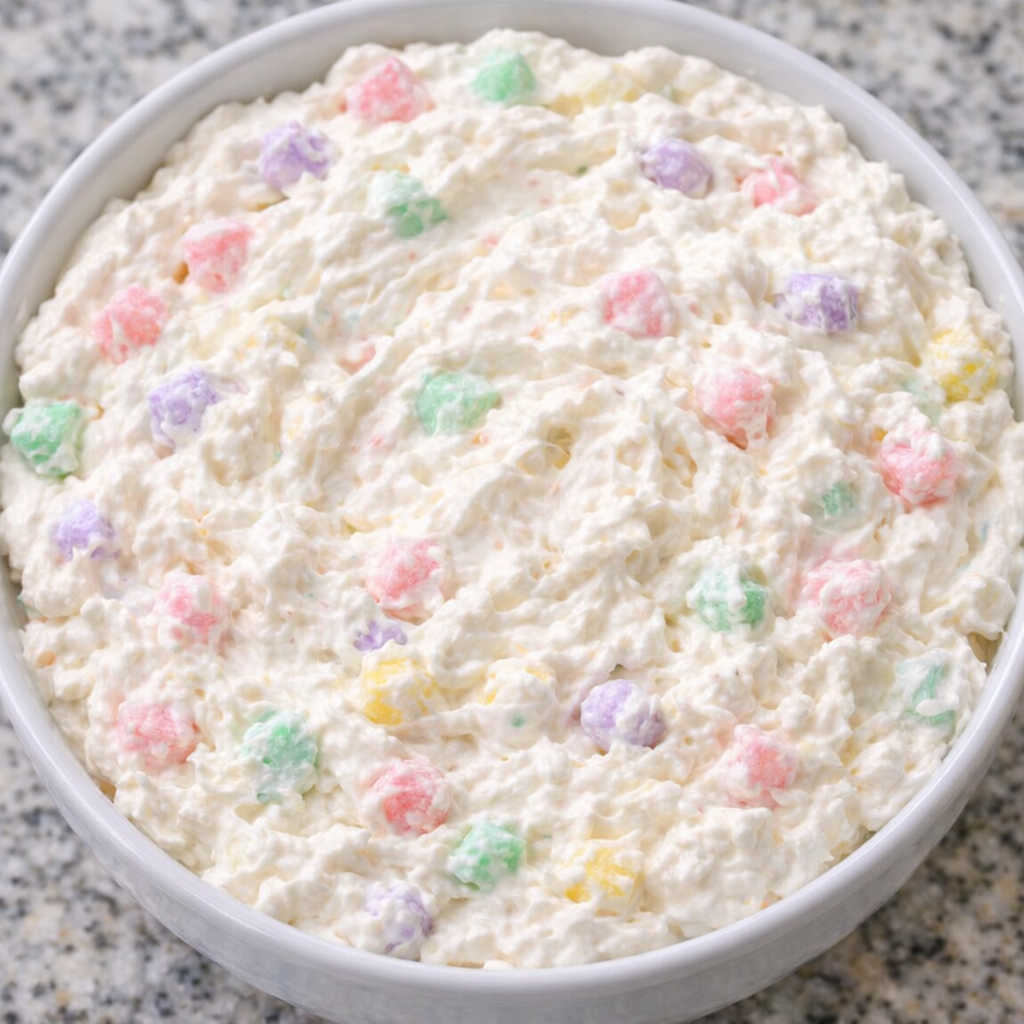 Pastel candies folded into the fluffy dessert dip