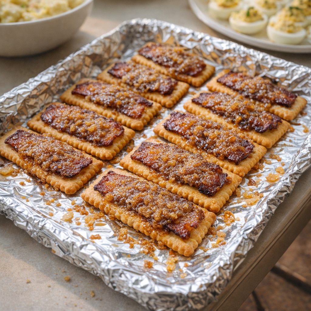 Tray of brown sugar bacon crackers at a spring potluck