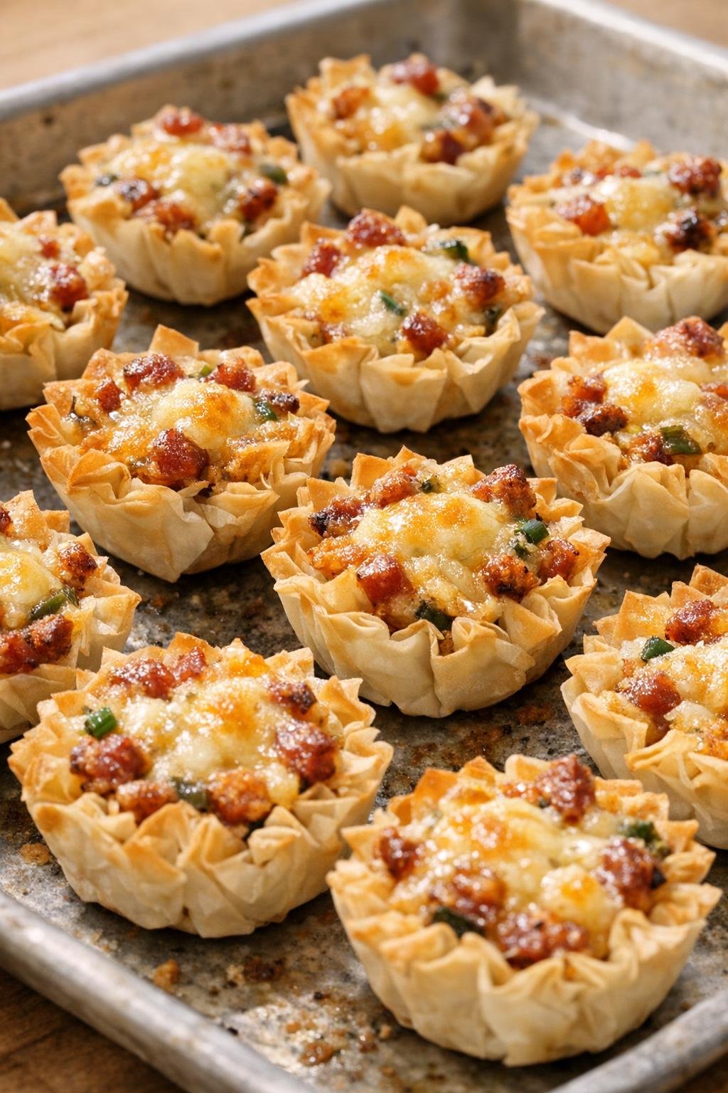 Freshly baked crispy phyllo cups on a tray