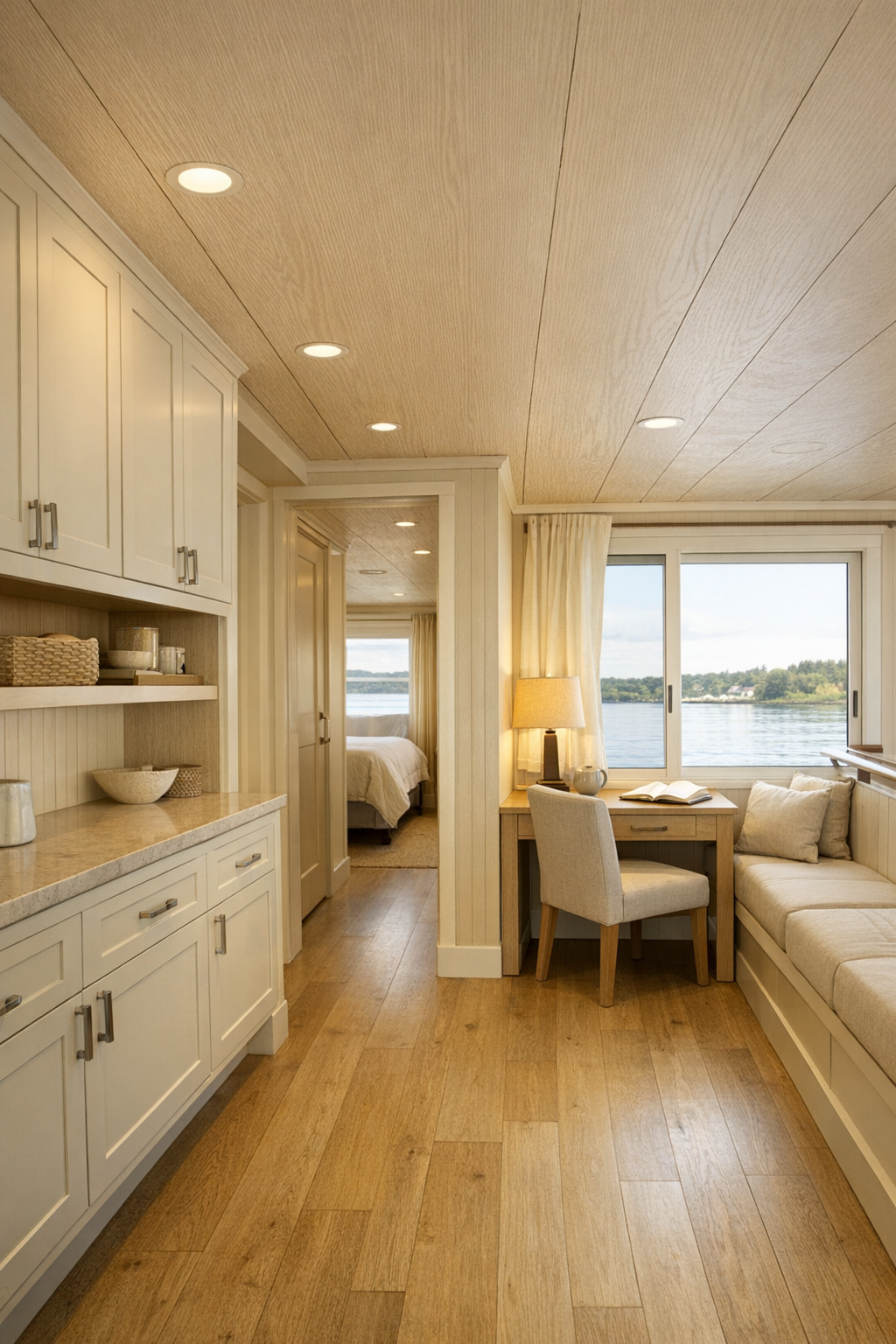Built-in hallway nook and functional secondary space with water views
