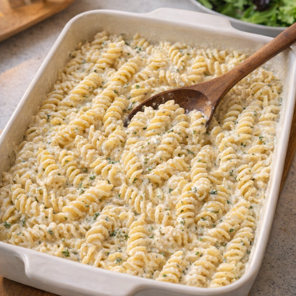 Krēmīgi cepti bursīna fusilli keramikas traukā