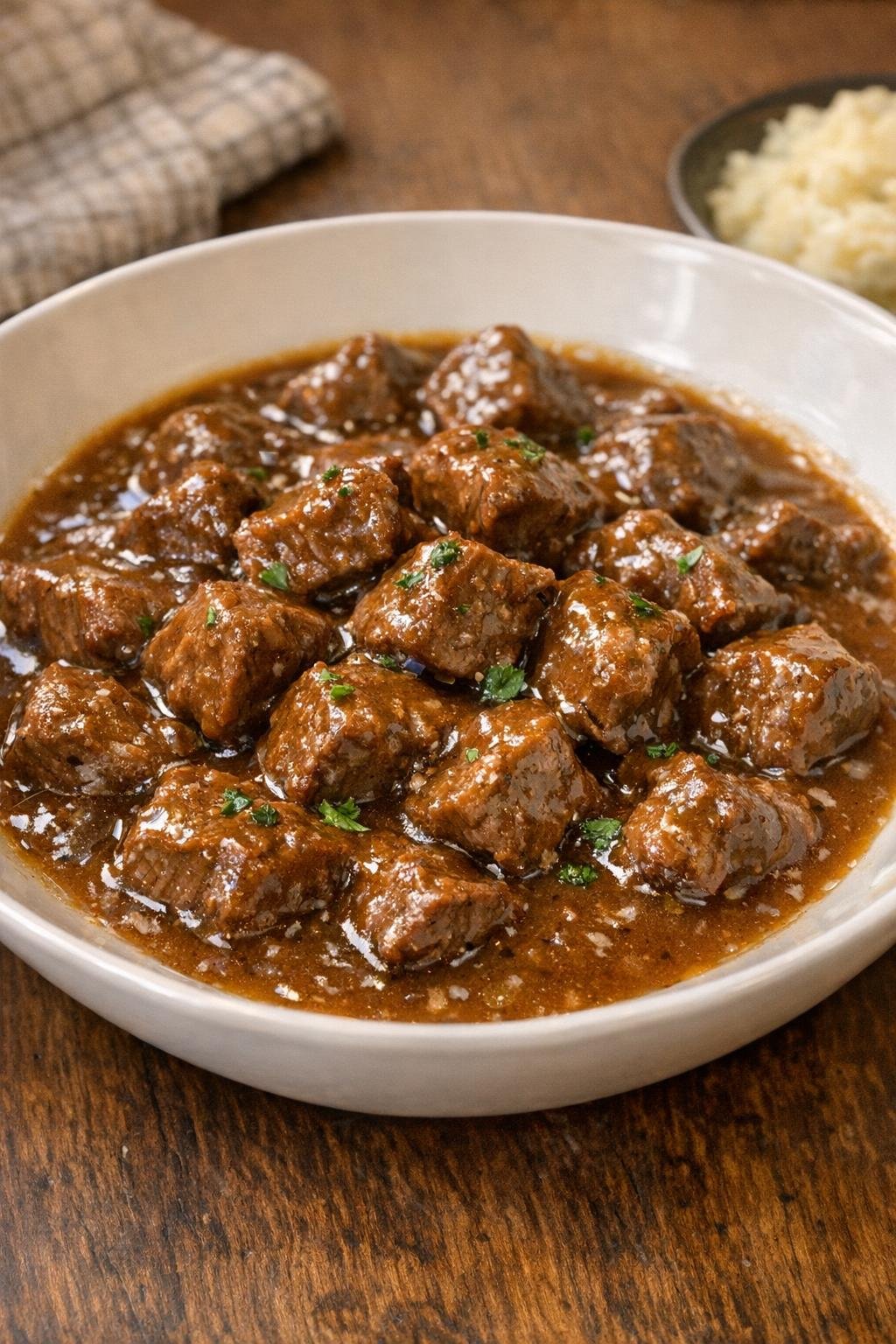 Finished beef tips in gravy served in a shallow white bowl