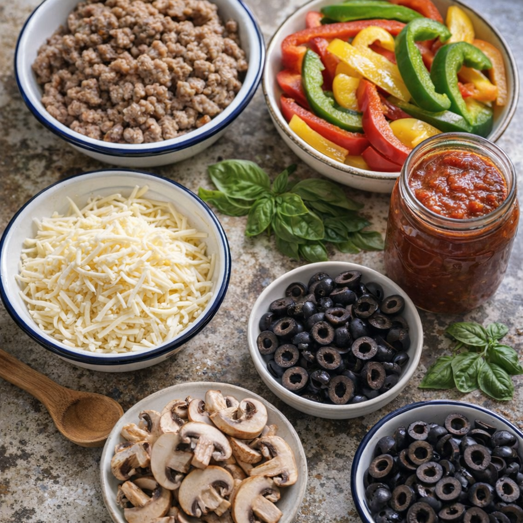 Rustic pizza bowl ingredients on a farmhouse counter