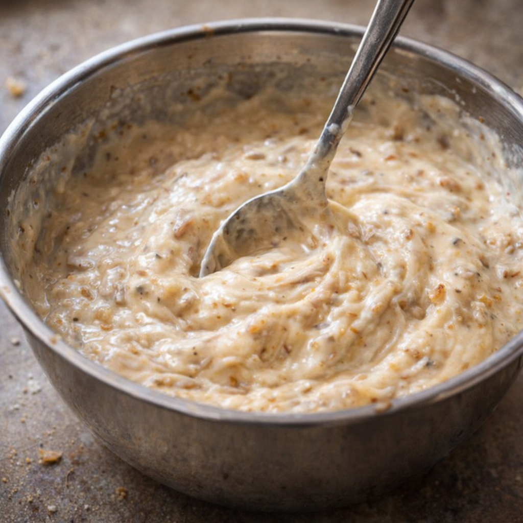 Thick soup mixture being stirred in a bowl