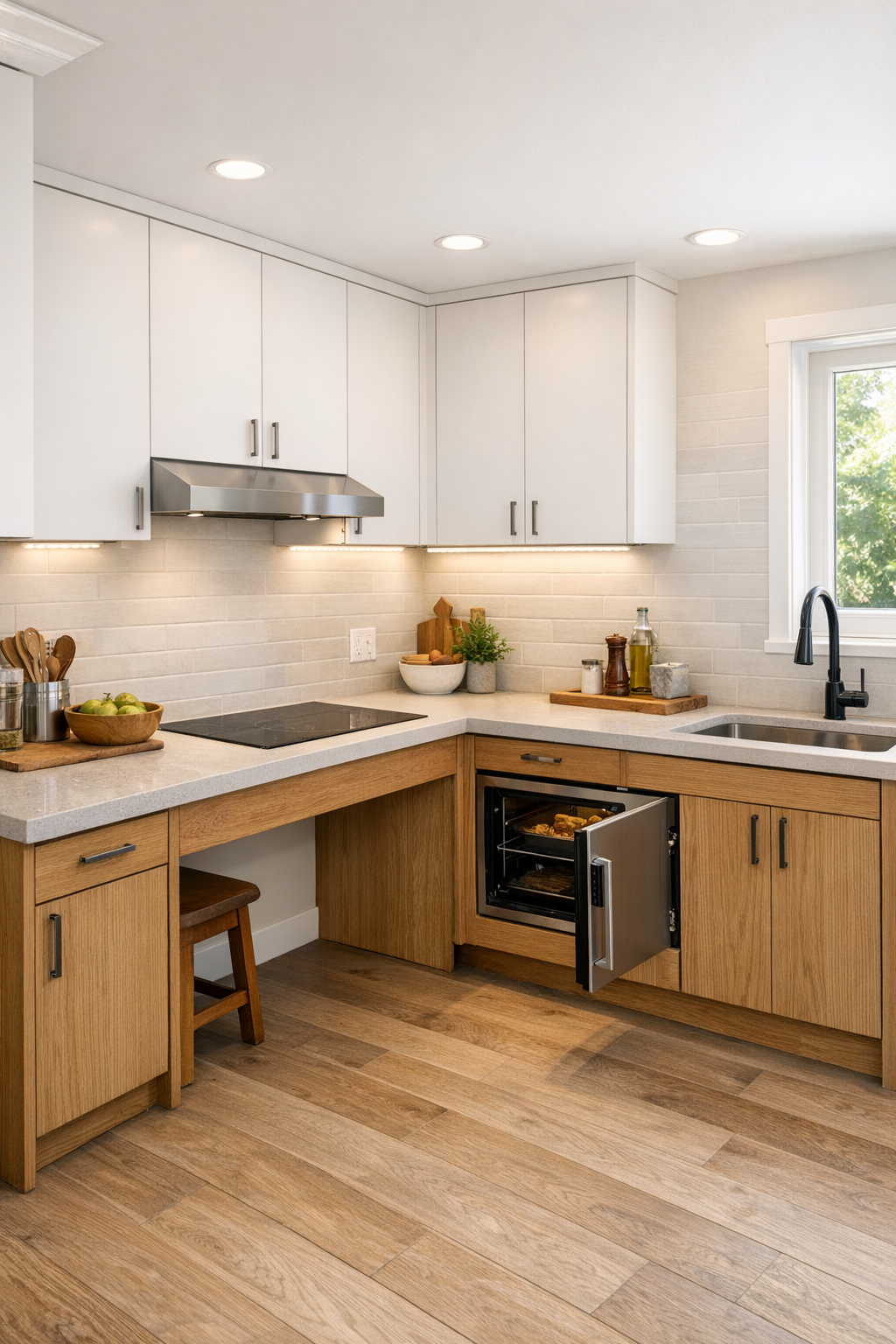 Universal design tiny home kitchen with varied counter heights and warm oak cabinetry