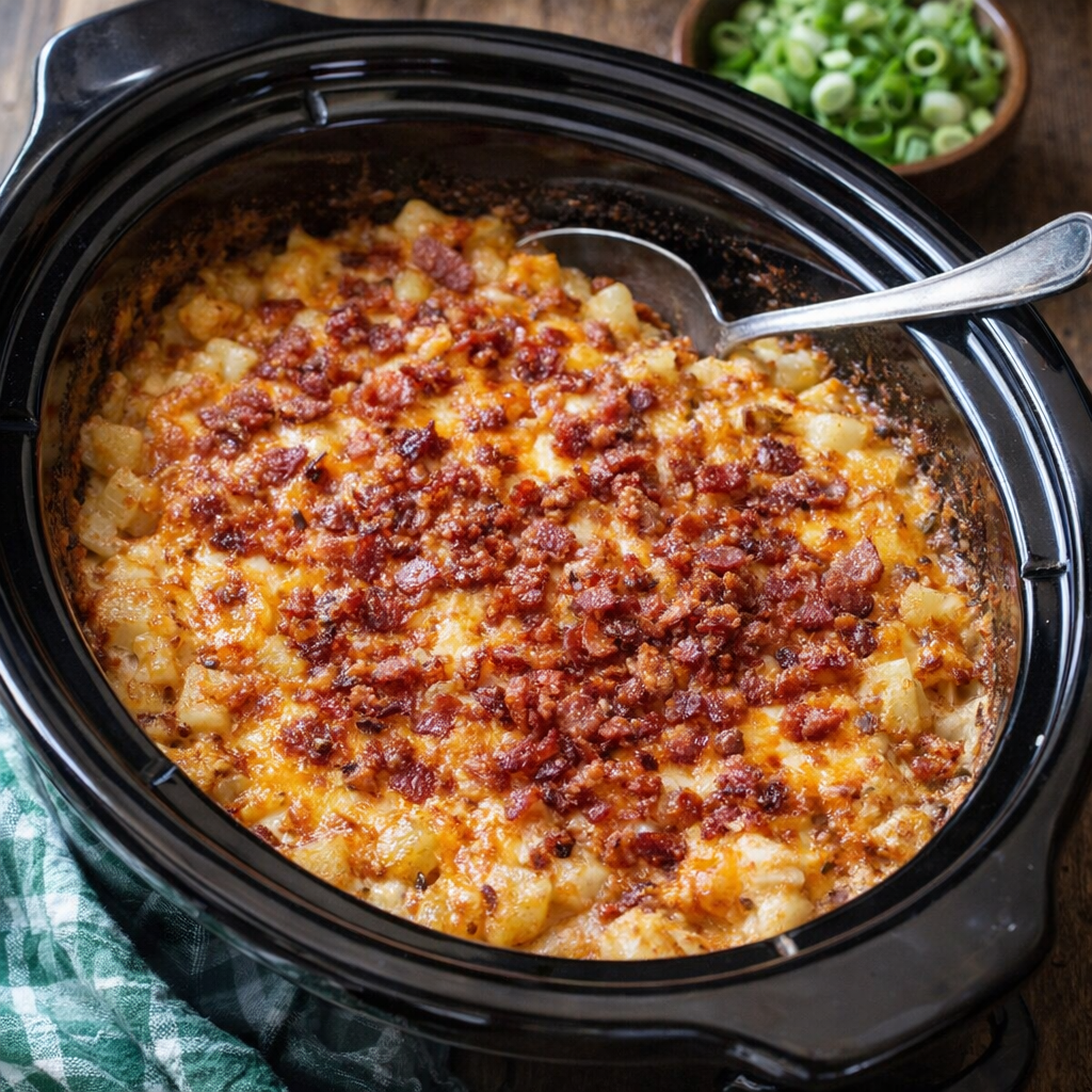 Slow cooker potato casserole with crispy bacon on top