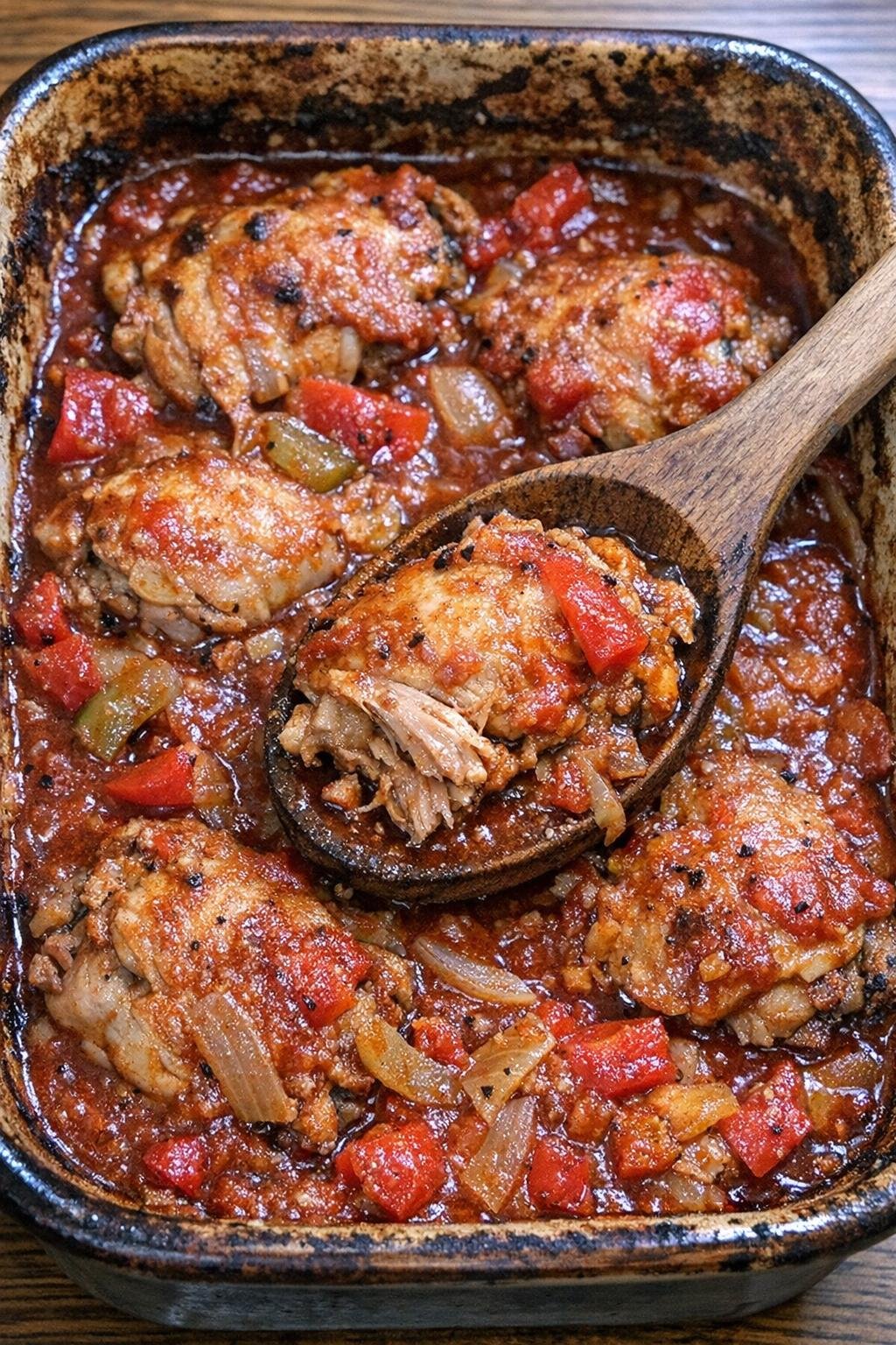 Rustic chicken cacciatore casserole with tender chicken and tomato sauce