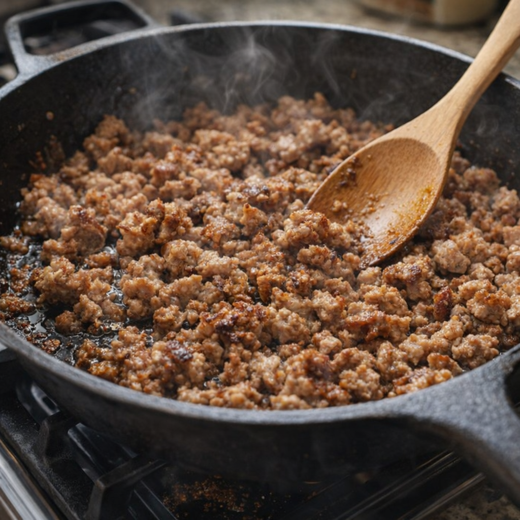 Italian sausage browning in a skillet