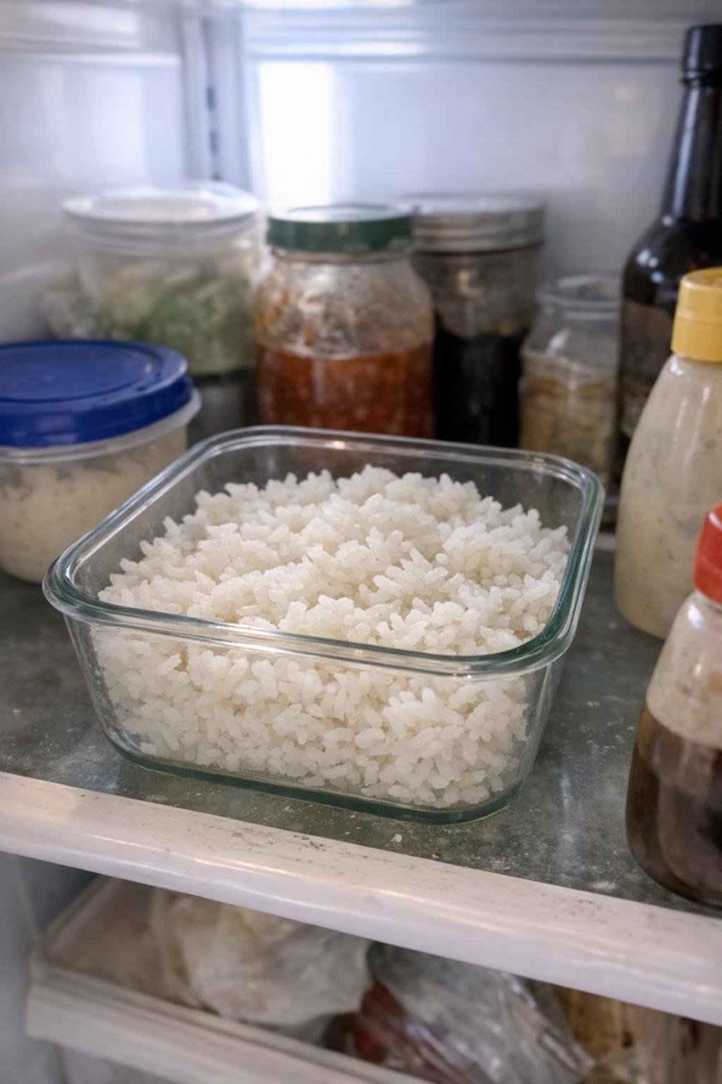 Leftover cooked rice in a shallow container in a home refrigerator