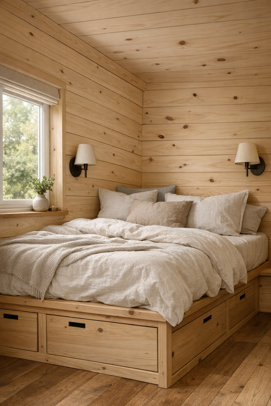 Cozy tiny home bedroom with pine walls, linen bedding, built-in bed storage, and soft natural light