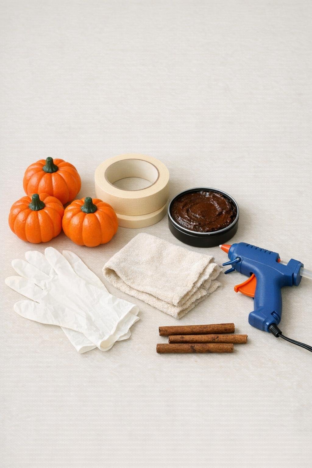 Materials for faux leather pumpkins laid out on a work surface