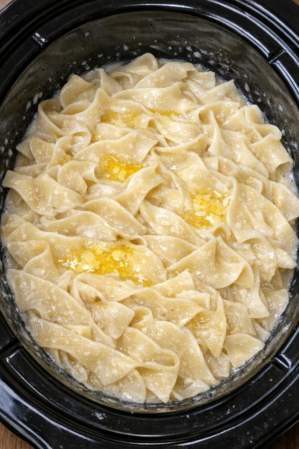 Slow cooker Amish buttermilk noodles in a black slow cooker