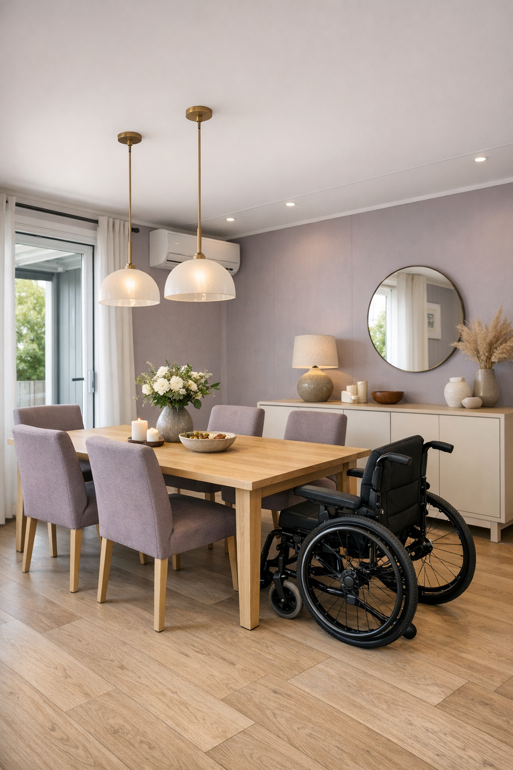 Soft modern dining room with natural wood table and muted lavender upholstery