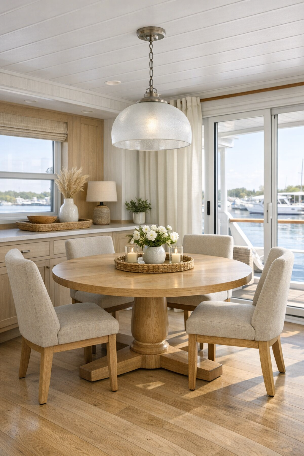 Coastal dining room with round oak table, upholstered chairs, and soft pendant lighting