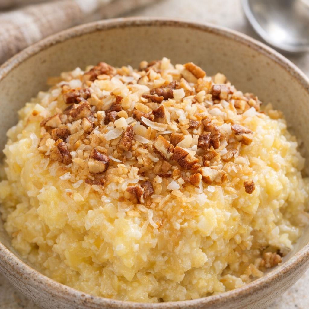 Pineapple cream cake topped with coconut and pecans