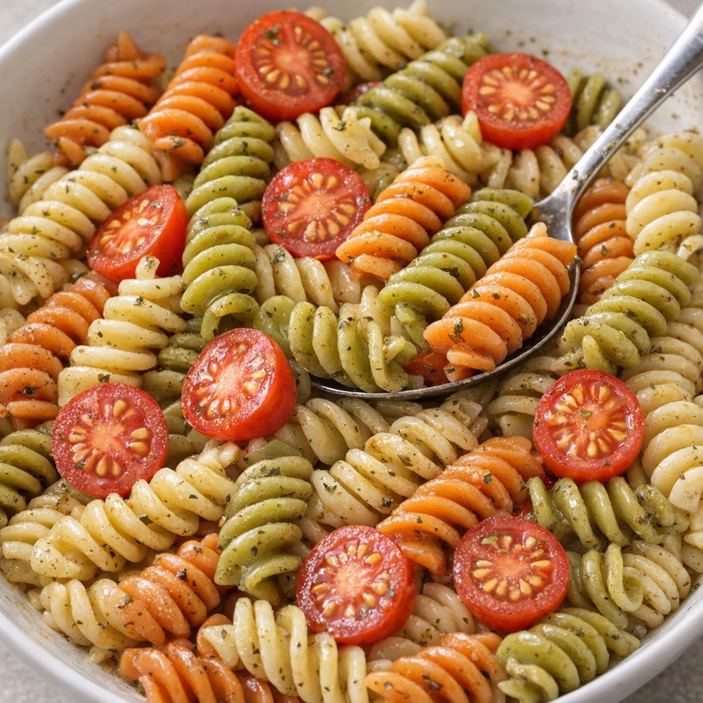 Colorful rotini variation of the pasta salad