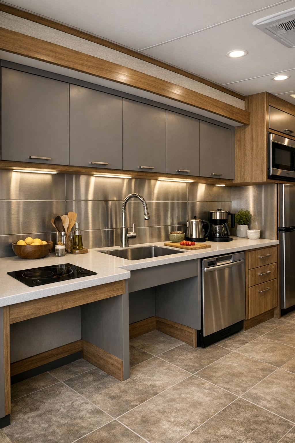 Accessible RV kitchen with varied counter heights and matte cabinetry