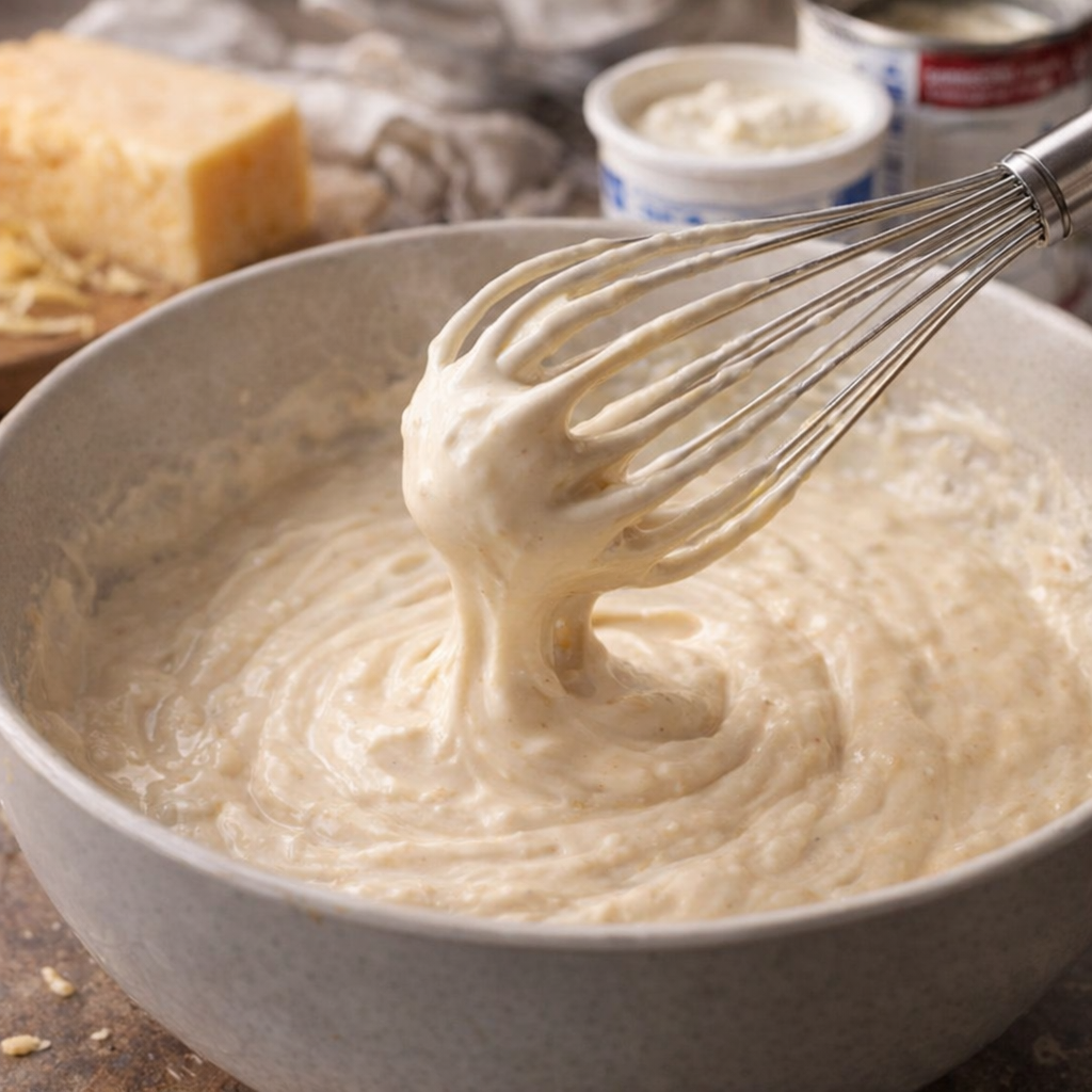 Creamy casserole sauce being whisked in a bowl