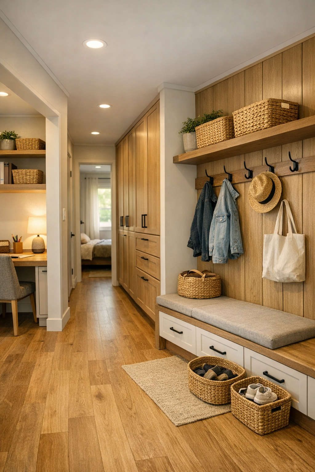 Hallway and utility area with built-in storage, warm flooring, and a tidy mudroom bench