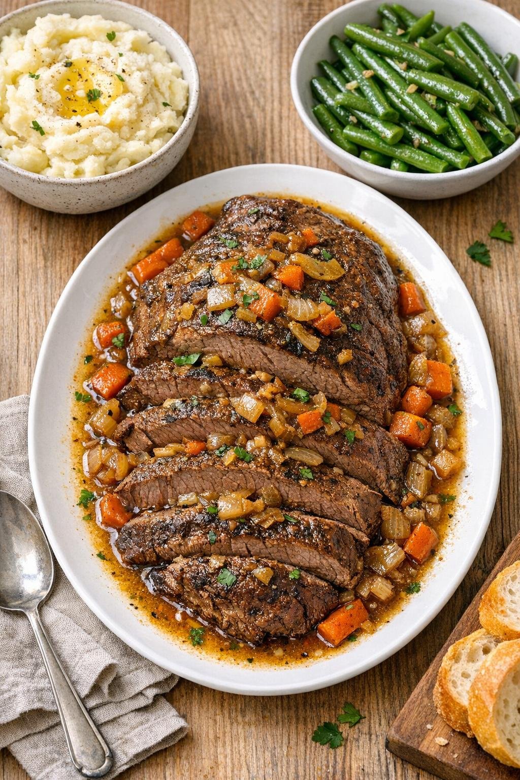 Finished sliced slow cooker sirloin tip roast on a platter