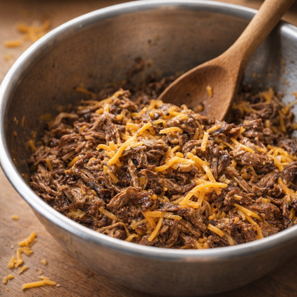 Bowl of shredded beef and cheddar filling
