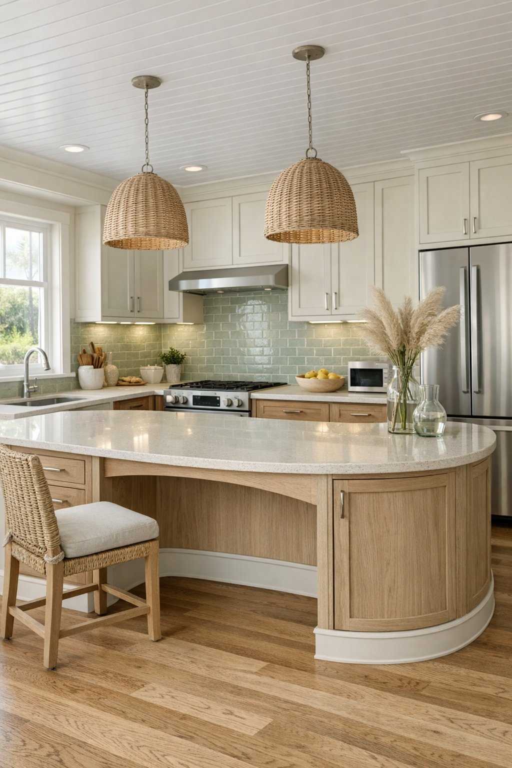 Accessible coastal kitchen with creamy cabinetry, quartz counters, and a curved island