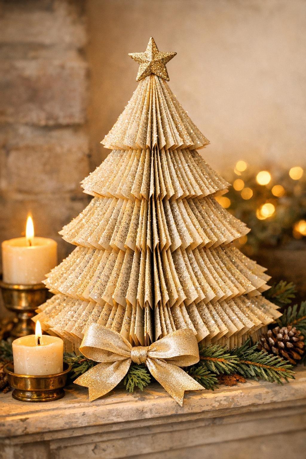 Finished folded book page Christmas tree displayed on a holiday mantel