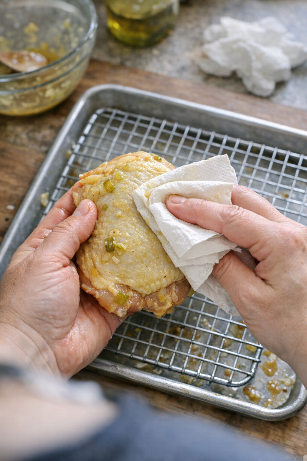Chicken thigh being blotted and wiped before roasting