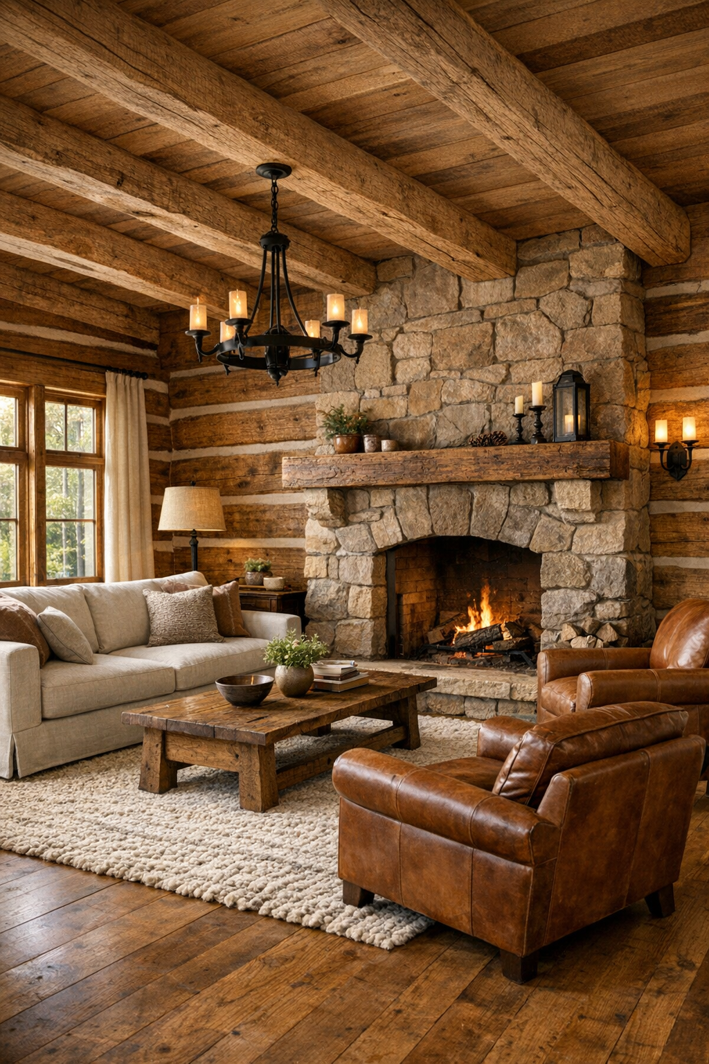 Living room with oak log walls, exposed beams, stone fireplace, and cozy rustic seating