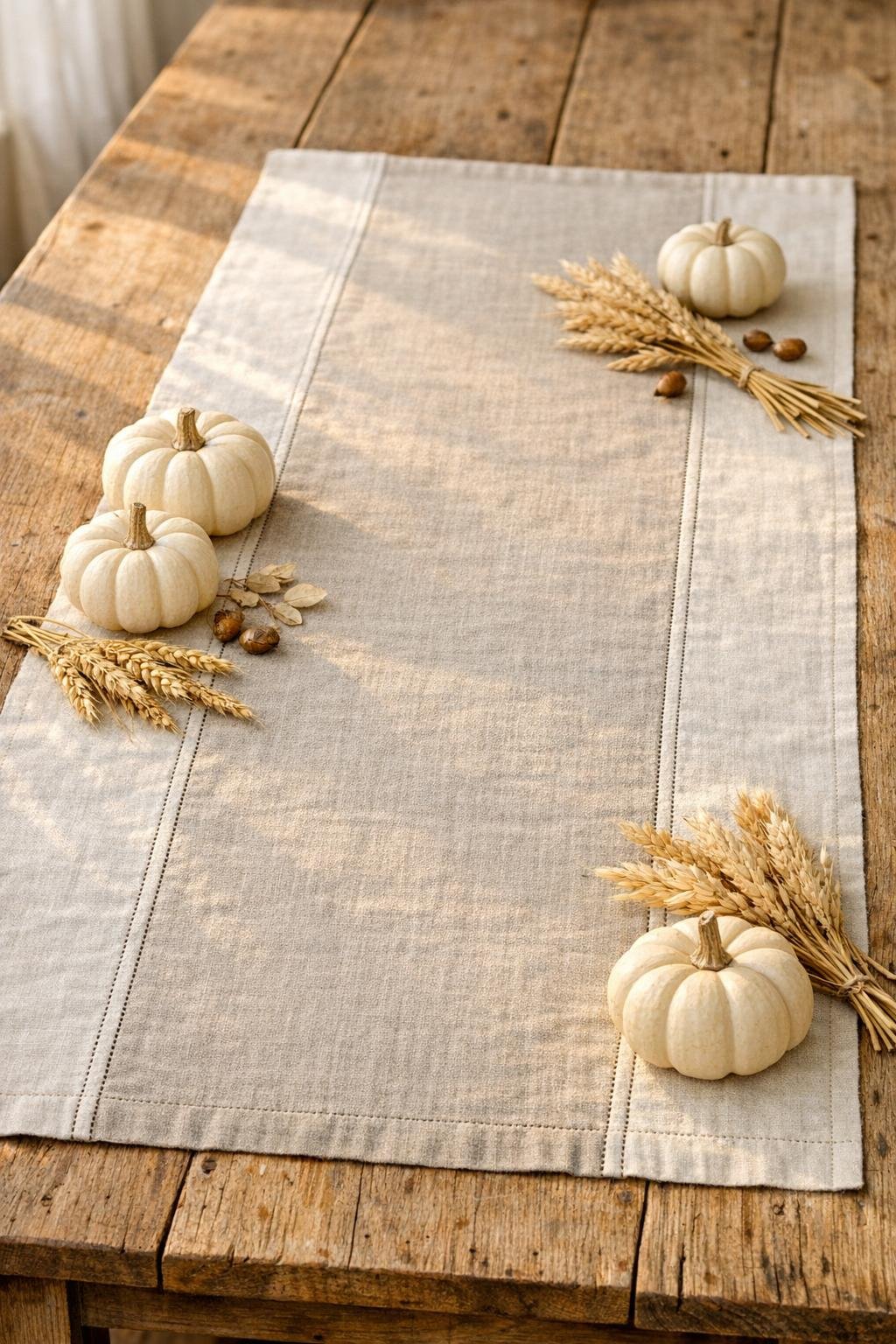 Finished linen harvest table runner made from three old napkins