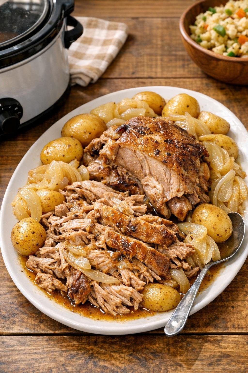 Finished slow cooker pork roast plated with juices