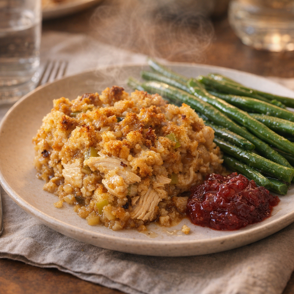 Family-style serving of casserole with simple sides