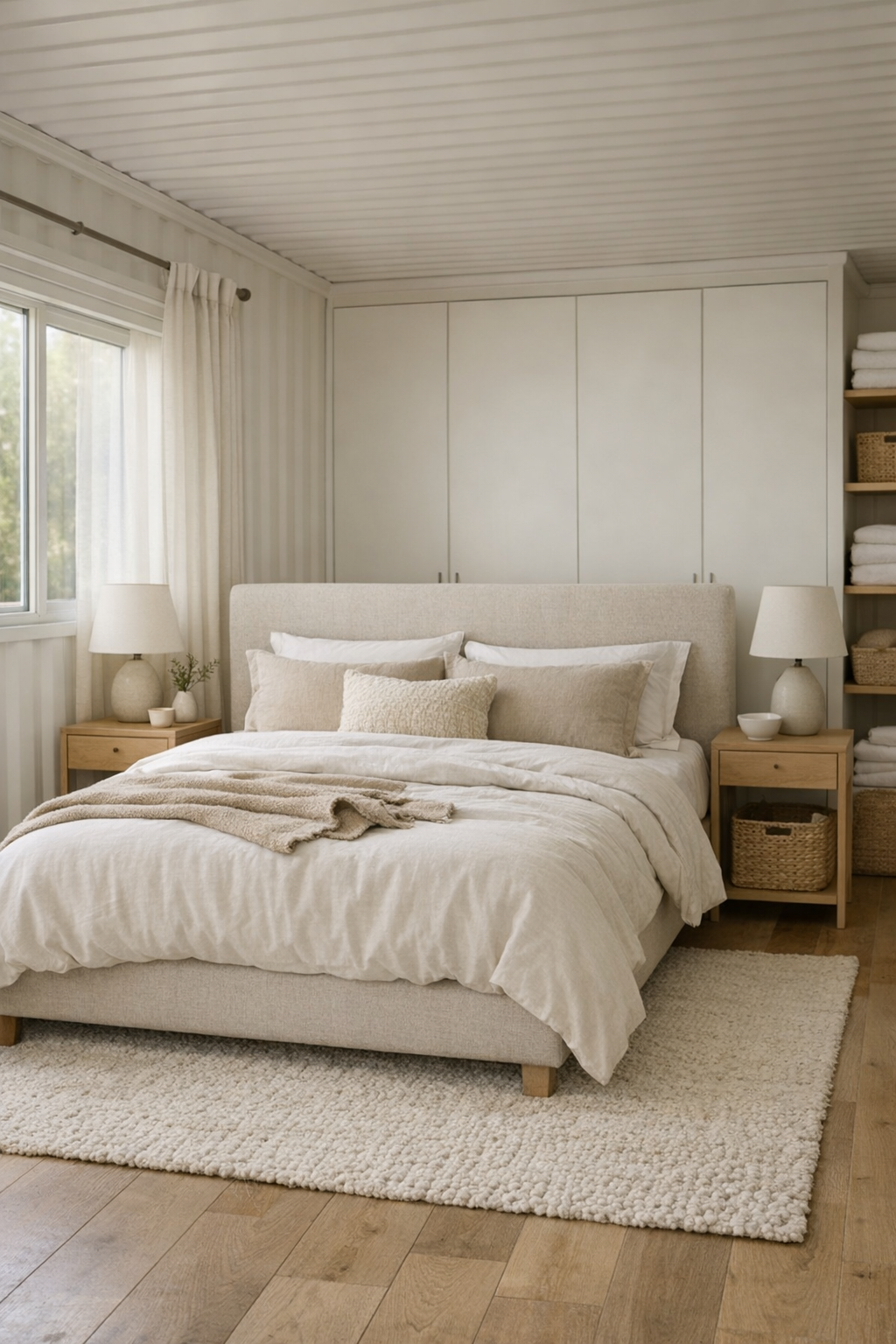 Serene neutral bedroom with layered linens, an upholstered bed, and soft daylight