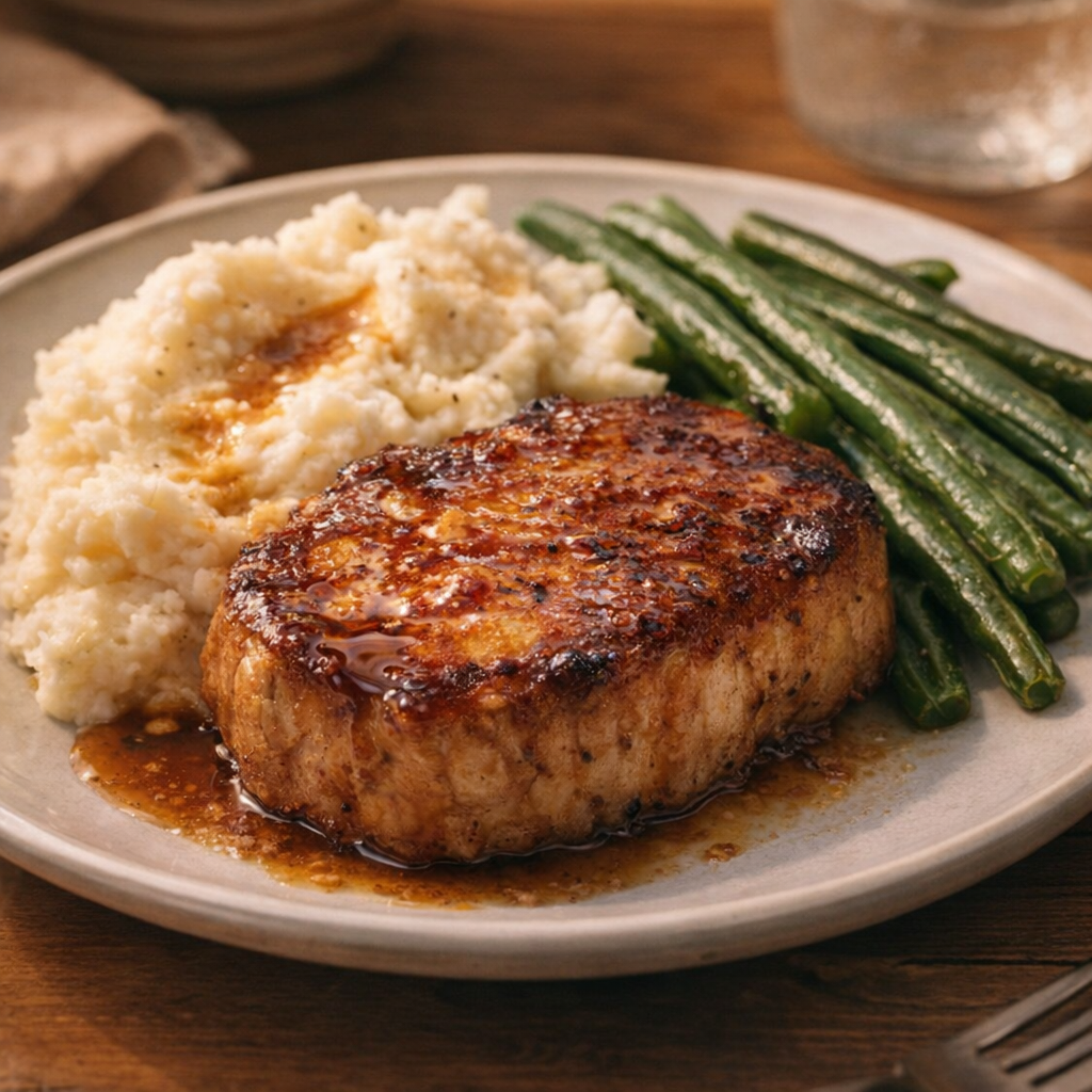 Plated honey pork chop dinner with mashed potatoes and green beans