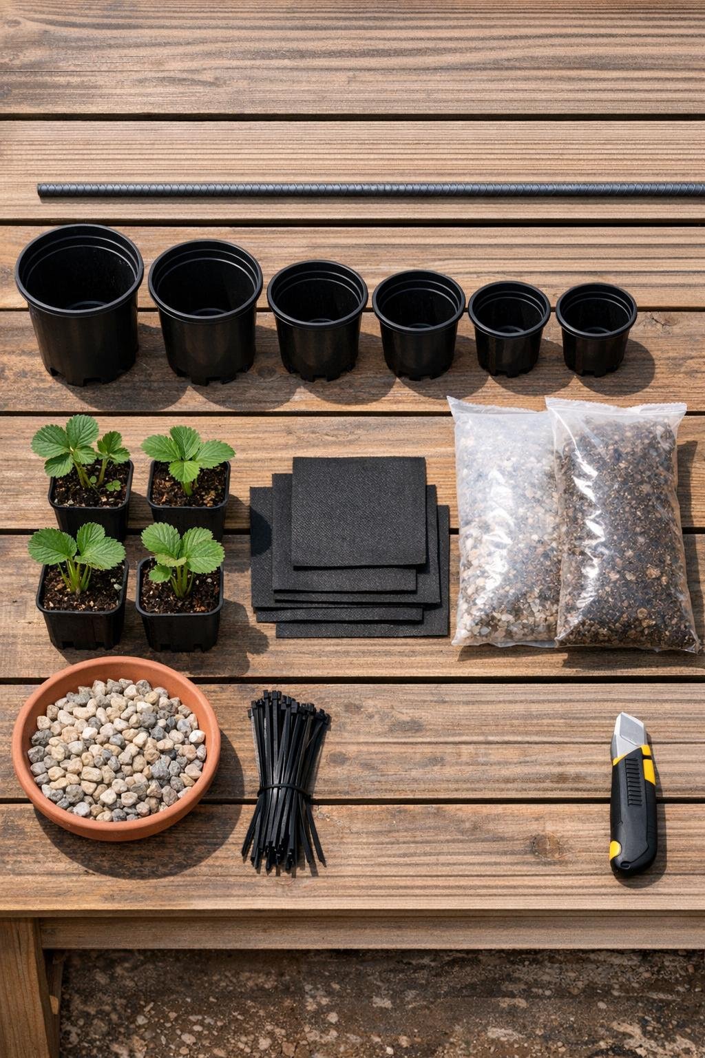 Materials for a strawberry tower made from black plastic nursery pots and a center stake